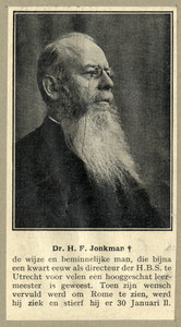 105219 Portret van H.F. Jonkman, geboren 1846, directeur van de Rijks H.B.S. te Utrecht (1891-1914), voorzitter van de ...
